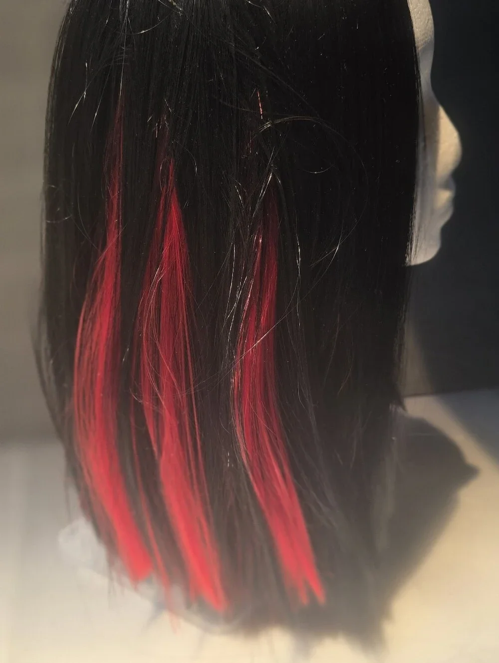 Black Med Length Bob Wig Striking Red Peekaboo Highlites All Around.Eaay Styling